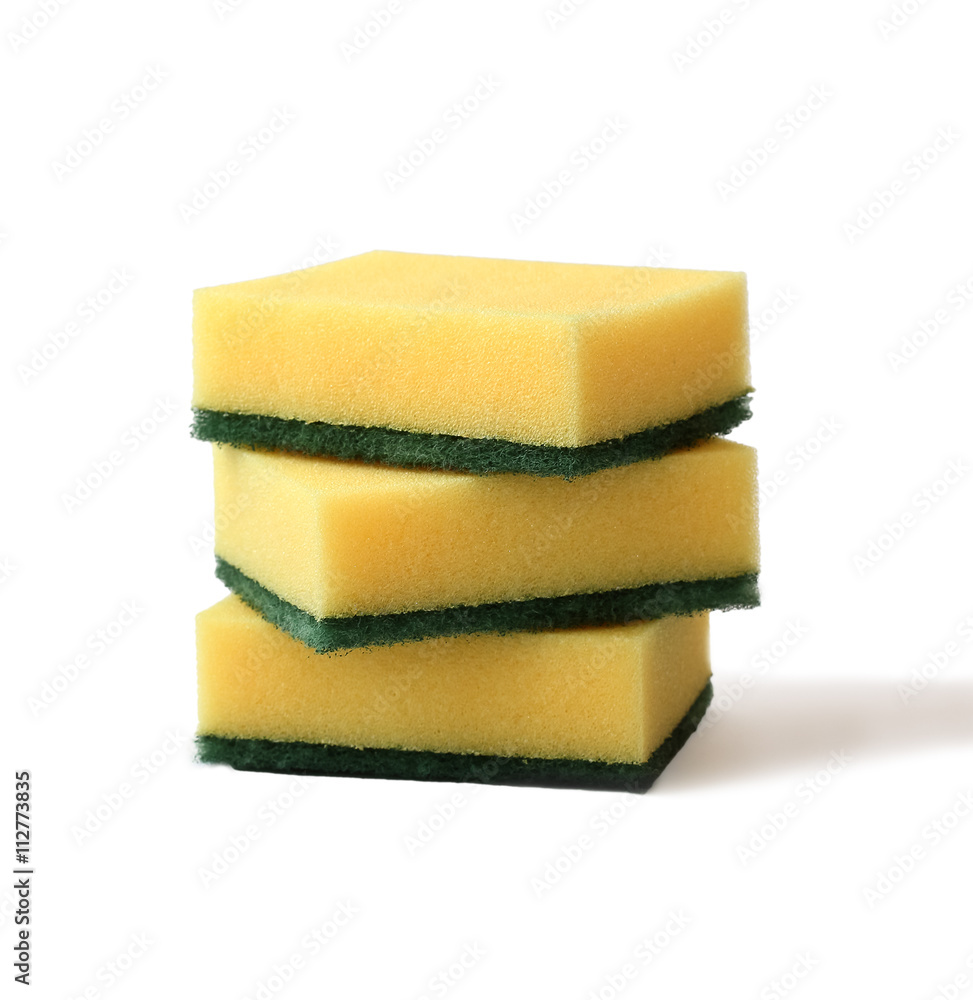 three household yellow cleaning sponges for washing dishes isola