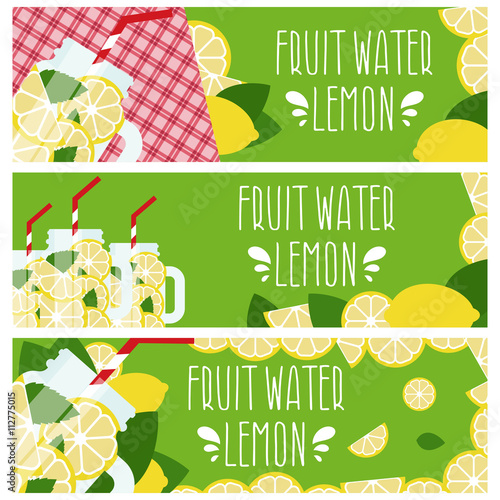 Set of banners with bright fruit water in mason jar with lemons