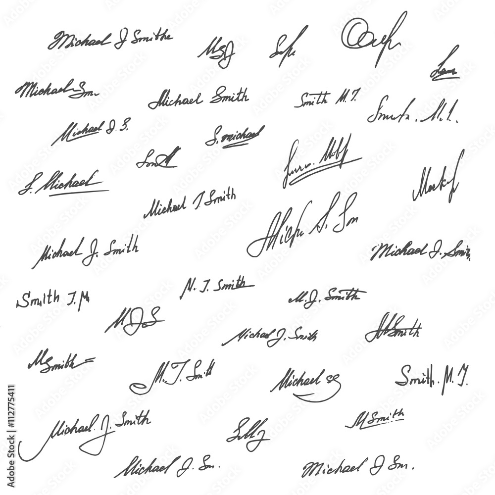 Collection of handwritten signatures. Personal contract fictitious ...