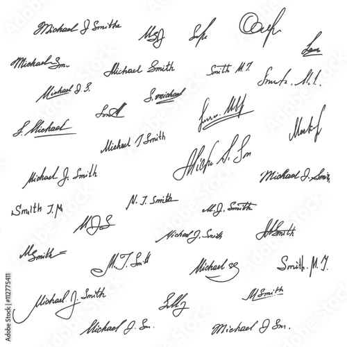 Collection of handwritten signatures. Personal contract fictitious signature set.