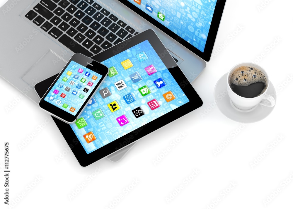 Laptop, phone, tablet pc and coffee. 3d rendering. Laptop, phone, tablet pc and coffee. 3d rendering.