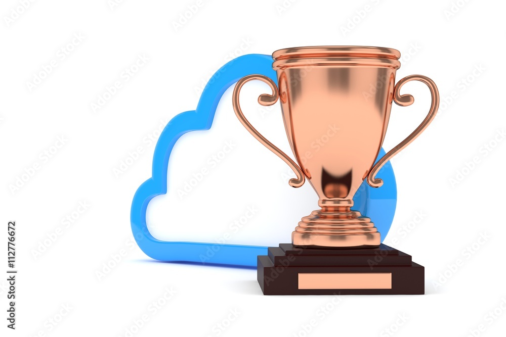 Isoalted bronze cup with cloud on white background. Blue contour cloud. Concept of cloud storage competition. Leader cloud drive. Best storage contest. 3D rendering. Isoalted bronze cup with cloud on white background. Blue contour cloud. Concept of cloud storage competition. Leader cloud drive. Best storage contest. 3D rendering.