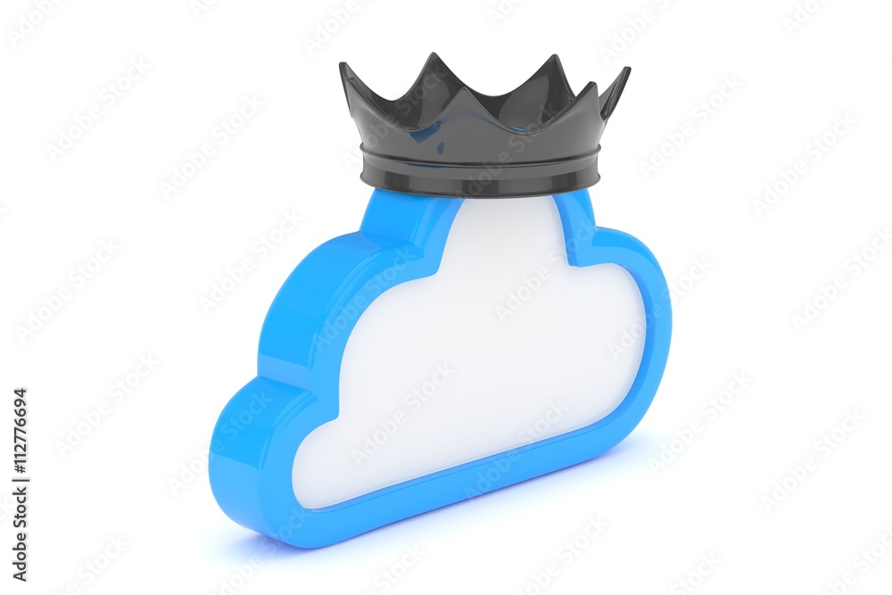 Isolated blue cloud icon with black crown on white background. Symbol of communication, network and technology. Broadband. Online database. 3D rendering. Isolated blue cloud icon with black crown on white background. Symbol of communication, network and technology. Broadband. Online database. 3D rendering.