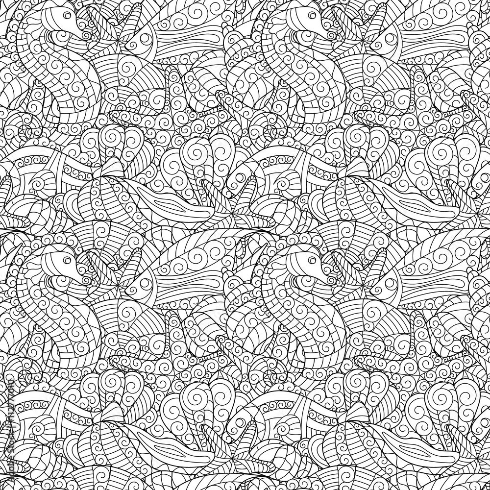 Black and white seamless pattern for coloring book. Sea life