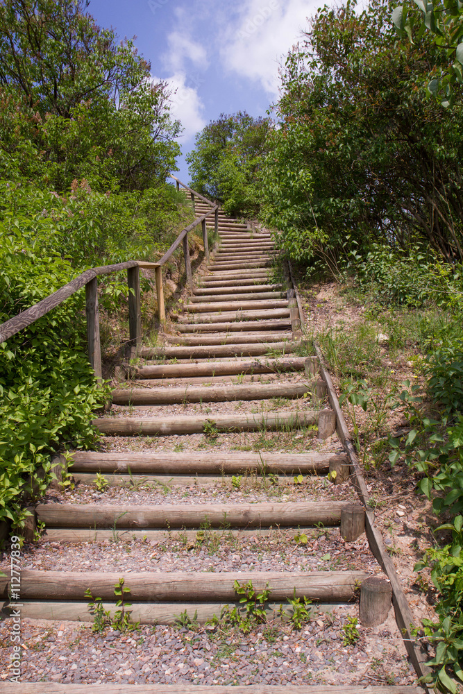 Stairs to the castle hill in the village of Mielnik, Poland