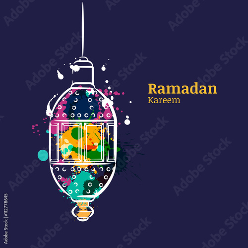 Ramadan greeting card with traditional watercolor night lantern. Ramadan Kareem watercolor dark blue background. Vector design concept for muslim ramadan holiday. 