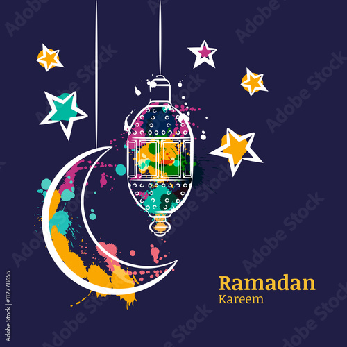 Ramadan greeting card with traditional watercolor lantern, moon and stars on night sky. Ramadan Kareem watercolor decoration background. Vector design for muslim ramadan holiday. 