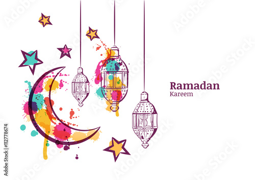 Ramadan greeting card or banner horizontal background. Traditional watercolor lanterns, moon and stars. Ramadan Kareem watercolor decoration background. Vector design for muslim ramadan holiday. 