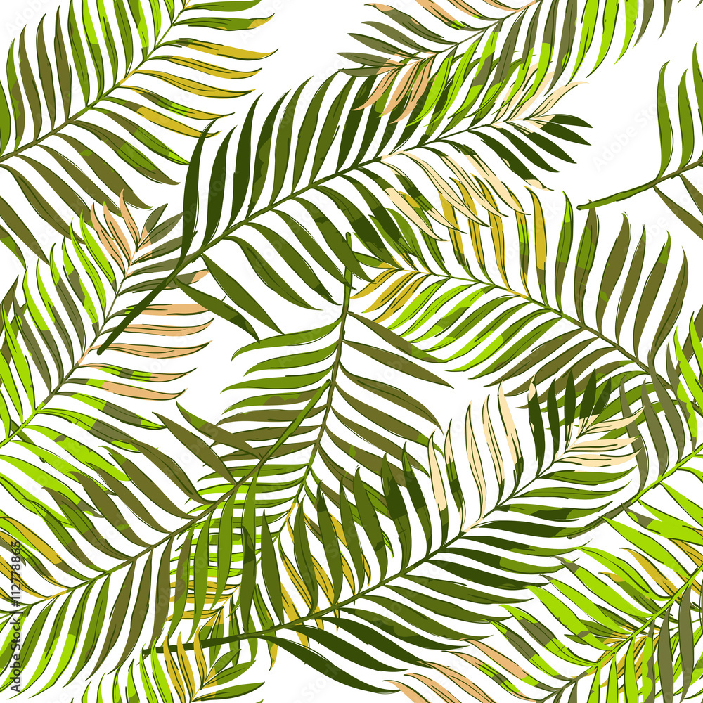 Vector summer seamless pattern with palm leaves. Hand drawn tropical palm leaves background. Design for fashion textile summer print, wrapping paper, web backgrounds.