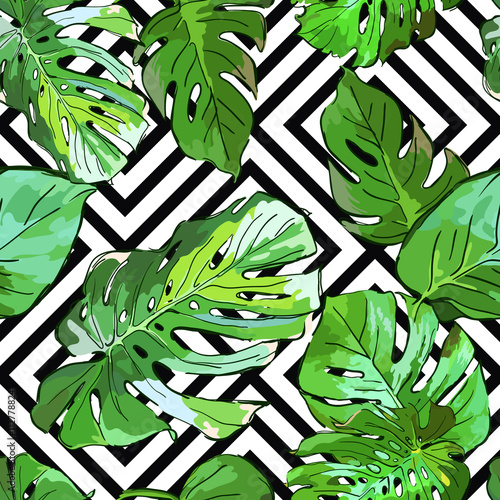 Green palm tree leaves on black and white geometric background. Vector summer...