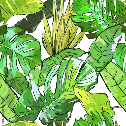 Green jungle vector seamless pattern. Summer background with hand drawn tropi...