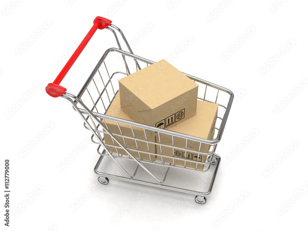 Shopping cart with parcel. 3d rendering.