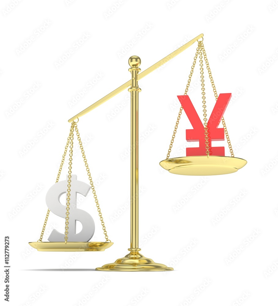 Isolated old fashioned pan scale with dollar and yuan,yen on white background. American and chinese and japanese currency. Dollar is heavier. Silver usd, red yuan. 3D rendering. Isolated old fashioned pan scale with dollar and yuan,yen on white background. American and chinese and japanese currency. Dollar is heavier. Silver usd, red yuan. 3D rendering.