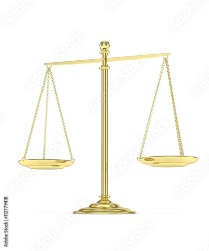 Isolated golden scales on white background. Symbol of judgement. Law, measurement, liberty in one concept. 3D rendering.