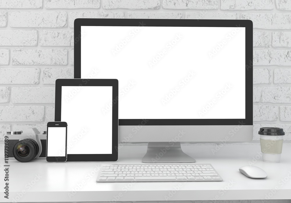 Fototapeta premium Responsive mockup screen. Monitor, tablet, phone on table in office. 3d rendering.