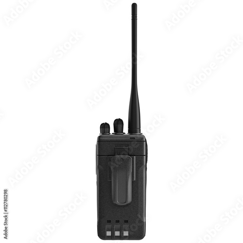 Portable mobile radio with antenna, back view. 3D graphic