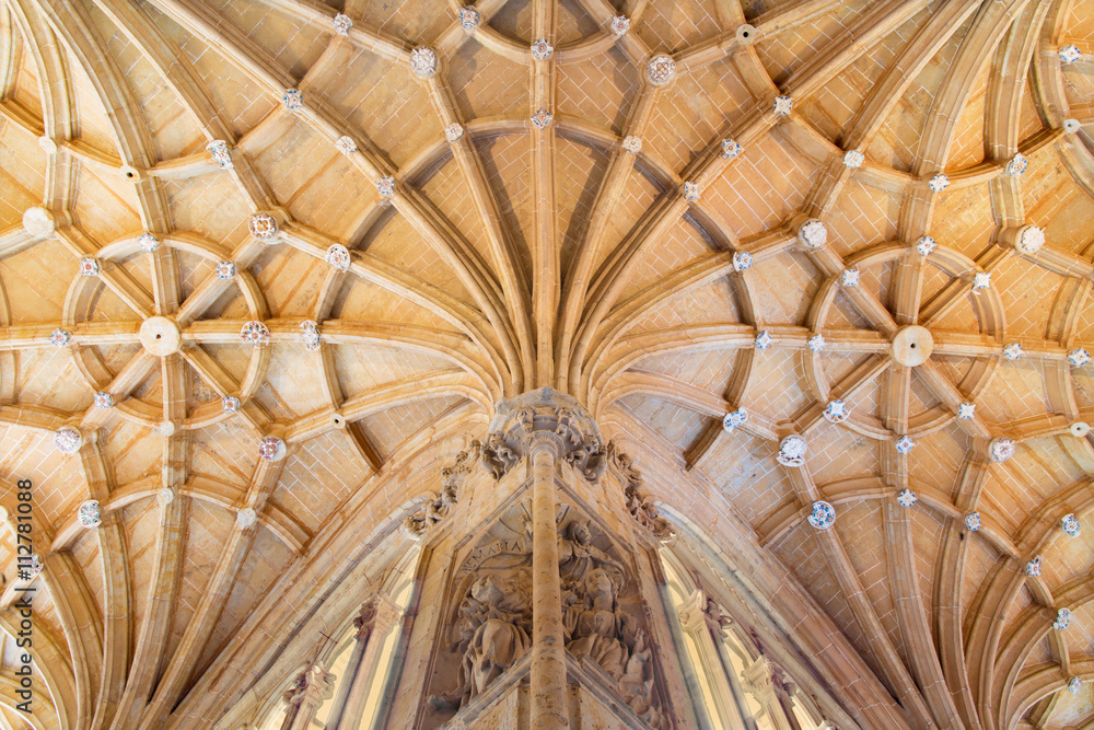 SALAMANCA, SPAIN, APRIL - 16, 2016: The vault gothic atrium of monastery Convento de San Esteban.
