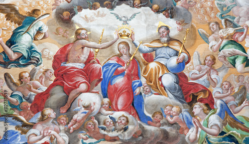 SALAMANCA, SPAIN, APRIL - 16, 2016: The fresco of Coronation of Virgin Mary by Antonio de Villamor (1661-1729) in monastery Convento de San Esteban and Chapel of Rosary.