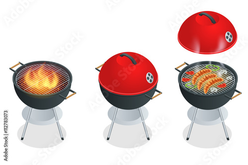 Barbecue design elements and barbecue grill summer food. Flat 3d vector isometric illustration.
