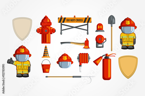 Vector Colorful vintage flat icon set. illustration for infographic. Firefighter Equipment and volunteer emblem.