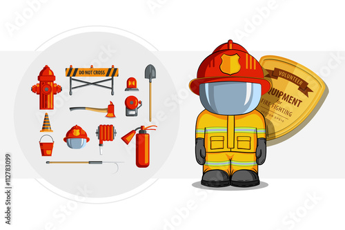 Vector Colorful vintage flat icon set. illustration for infographic. Firefighter Equipment and volunteer emblem.