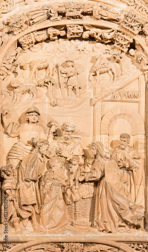 SALAMANCA, SPAIN, APRIL - 17, 2016: The There Magi relief on the gothic-baroque west portal of the New Cathedral - Catedral Nueva from 16. cent.
