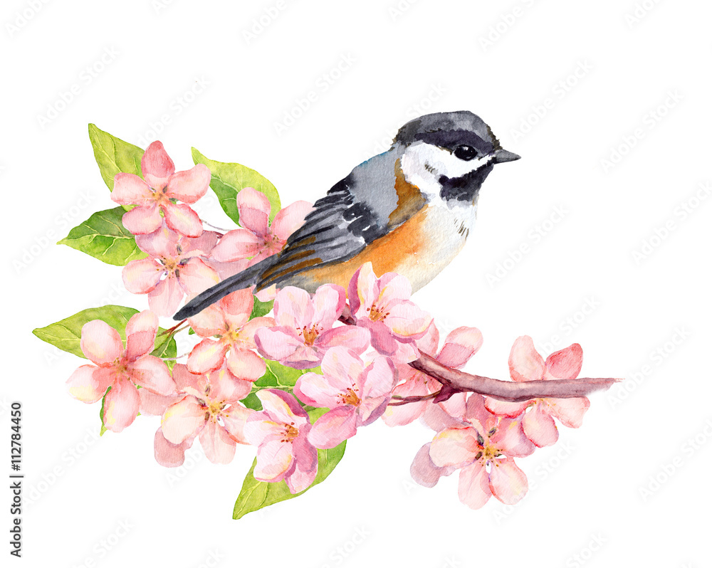 Fototapeta premium Bird on blossom branch with flowers. Watercolor