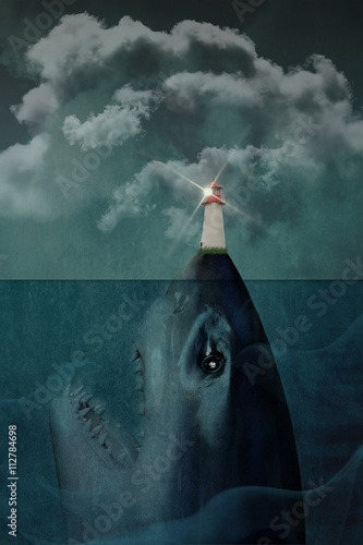 Shark underwater with lighthouse on nose