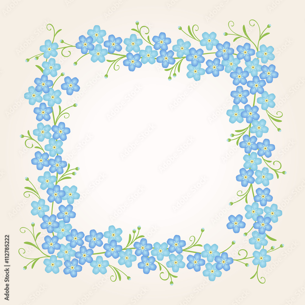 Floral vintage frame with forget-me-not flowers. Vector illustration