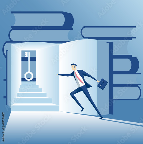 Business concept searching solutions, vector illustration 
businessman looking for the solution in the book, the businessman finds the key to the task