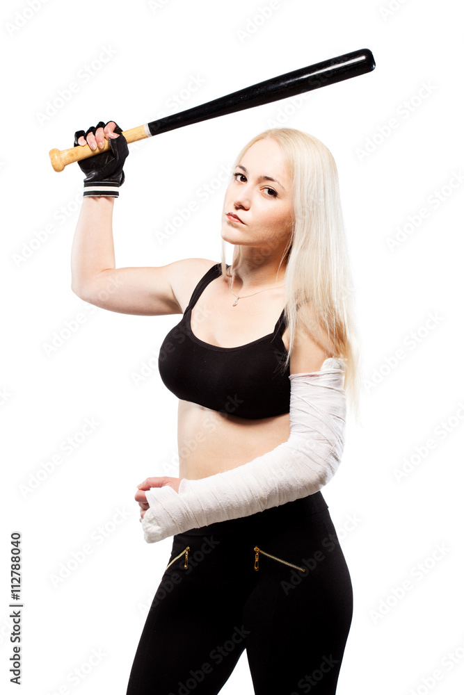 Girl with a broken arm holding baseball bat Girl with a broken arm holding baseball bat