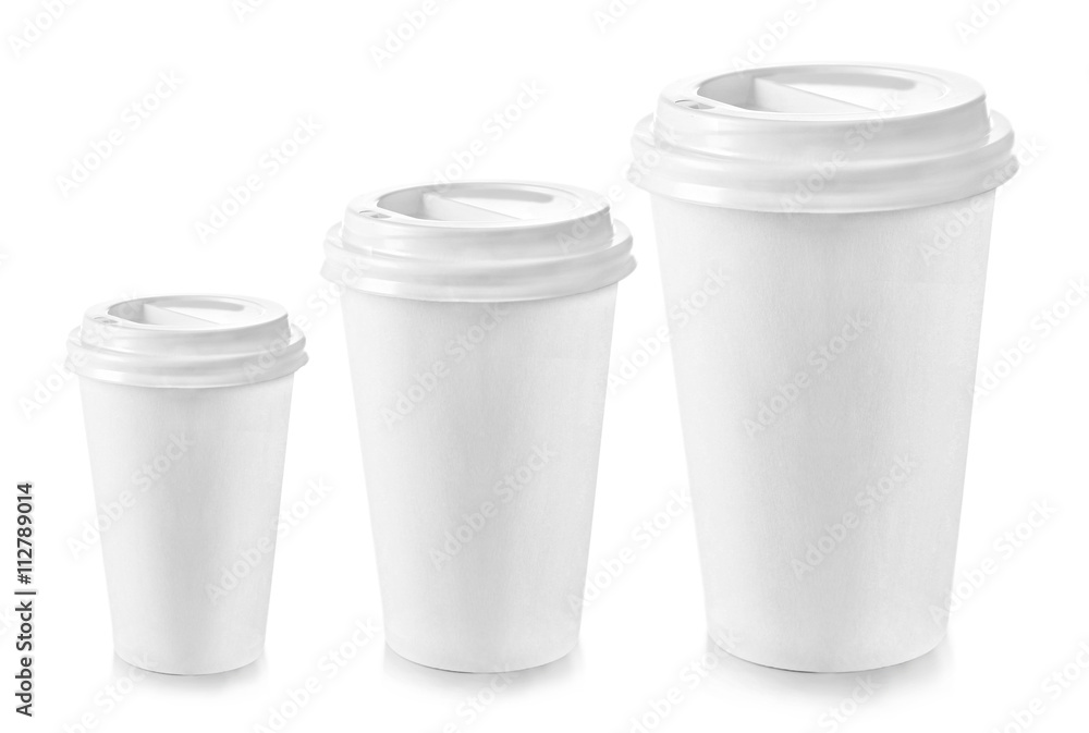 Three paper cups different sizes isolated on white Three paper cups different sizes isolated on white