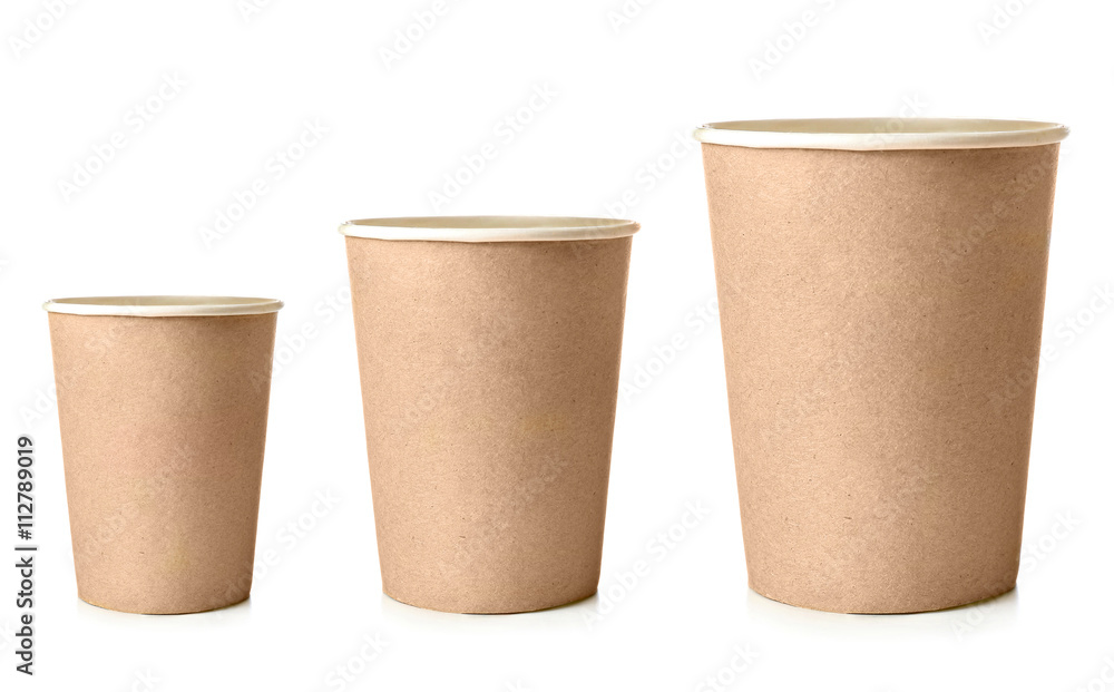 Three paper cups different sizes isolated on white Three paper cups different sizes isolated on white