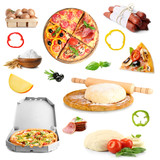 Collage of pizza and ingredients isolated of white