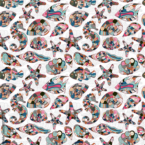 Vector seamless pattern with hand drawn underwater creatures.