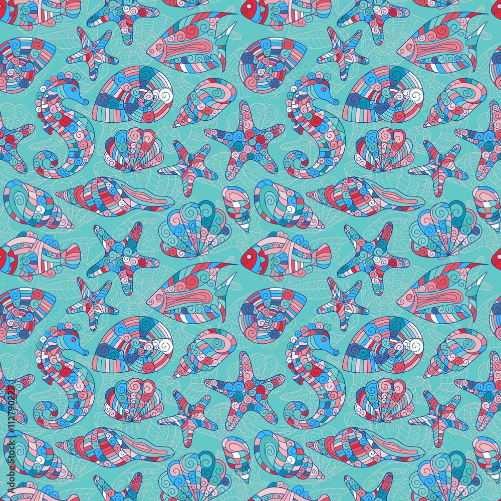 Naklejka premium Zentangle stylized sea seamless pattern.