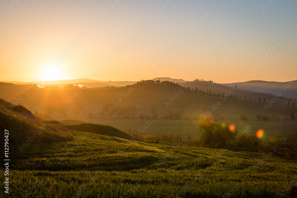Countryside at sunrise in Crete Senesi near Siena, Tuscany, Italy