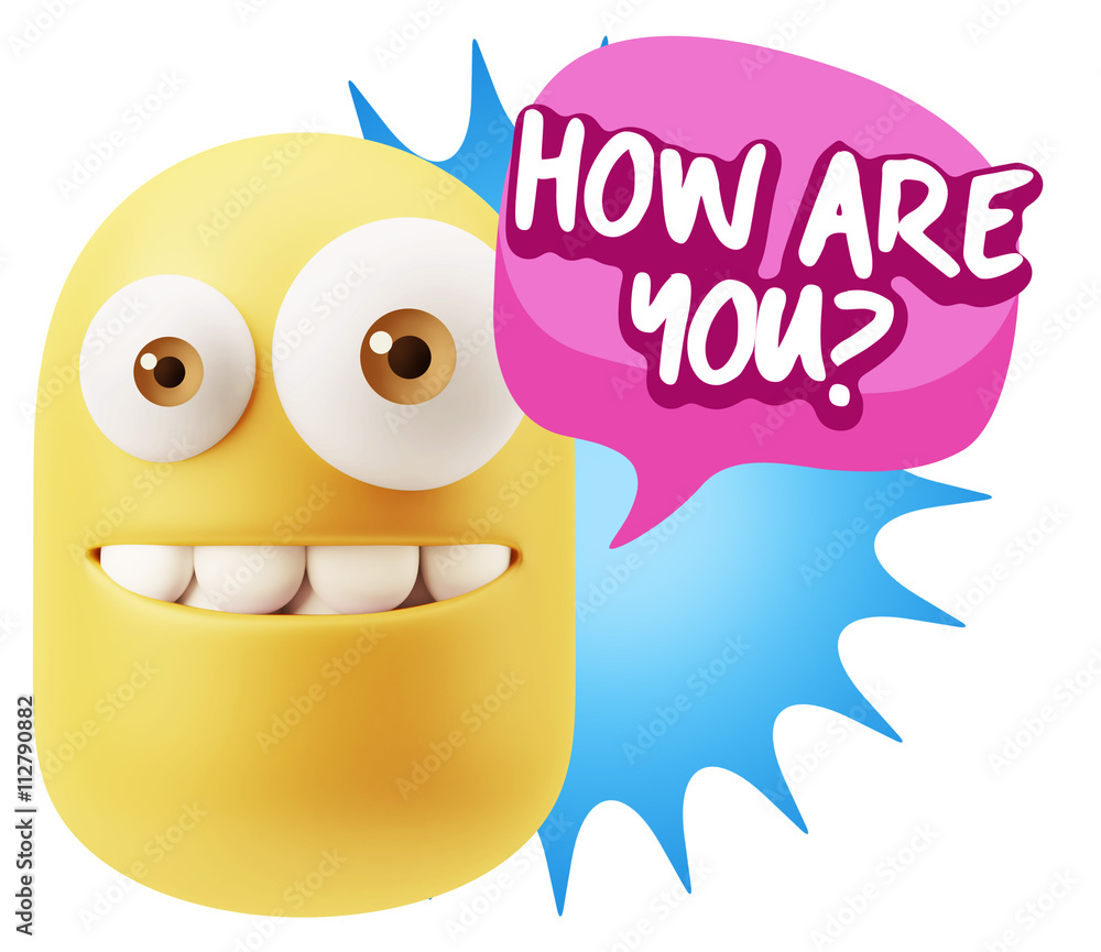 3d Rendering Smile Character Emoticon Expression saying How Are