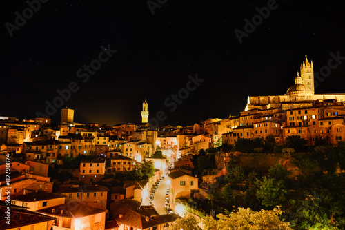 A night view of the historic center of Siena in Tuscany