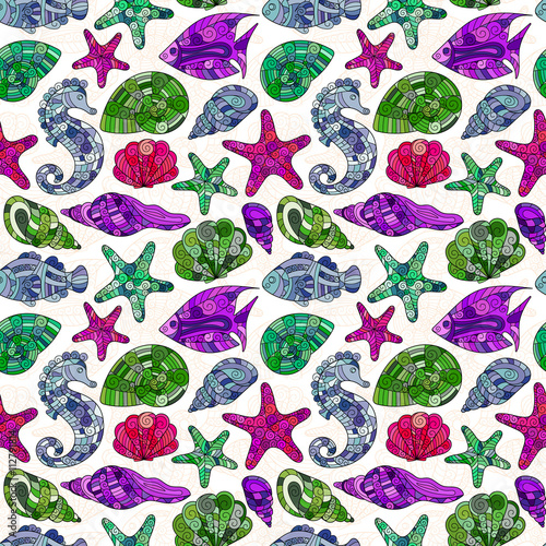 Vector seamless pattern with hand drawn underwater creatures.