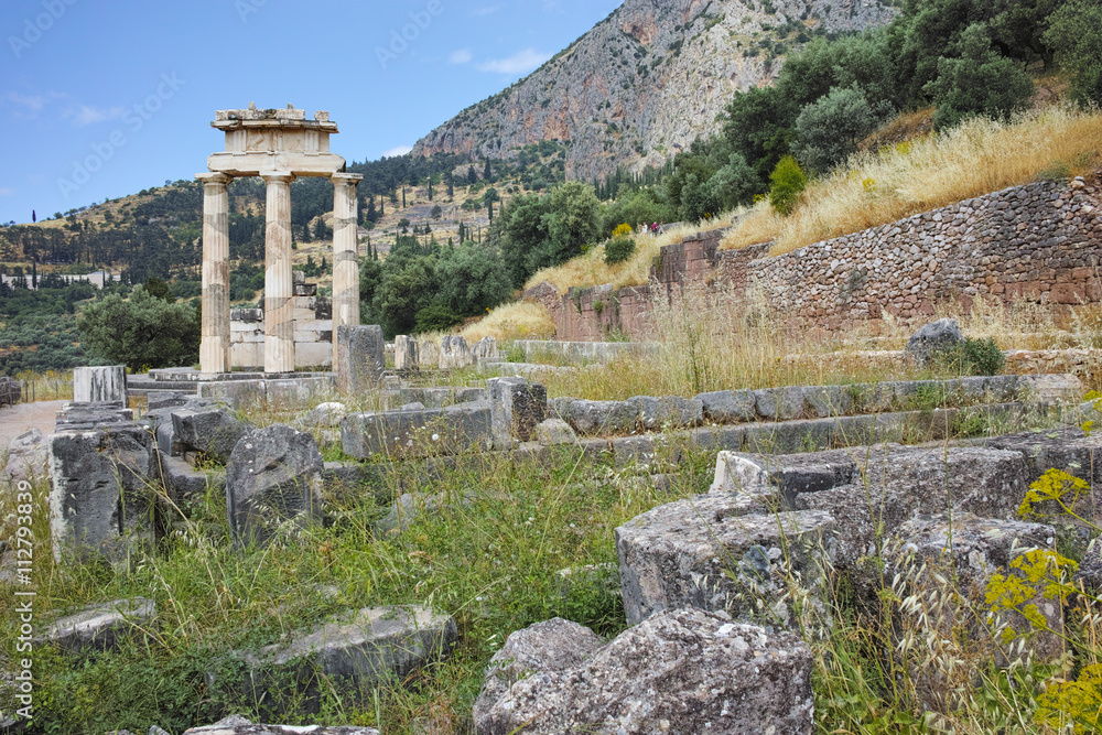 Remainings of Athena Pronaia Sanctuary in Ancient Greek archaeological site of Delphi, Central Greece