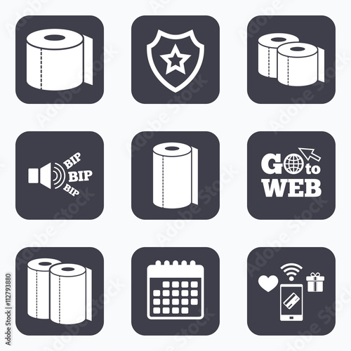 Toilet paper icons. Kitchen roll towel symbols.