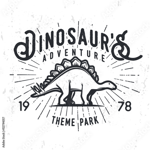 Vector dinosaur adventure logo concept. Stegosaurus theme park insignia design. Jurassic period illustration. Vintage T-shirt badge on grunge background