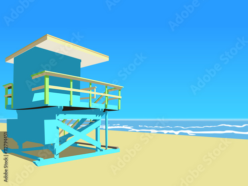 Vector illustration. Blue lifeguard tower at the beach.
