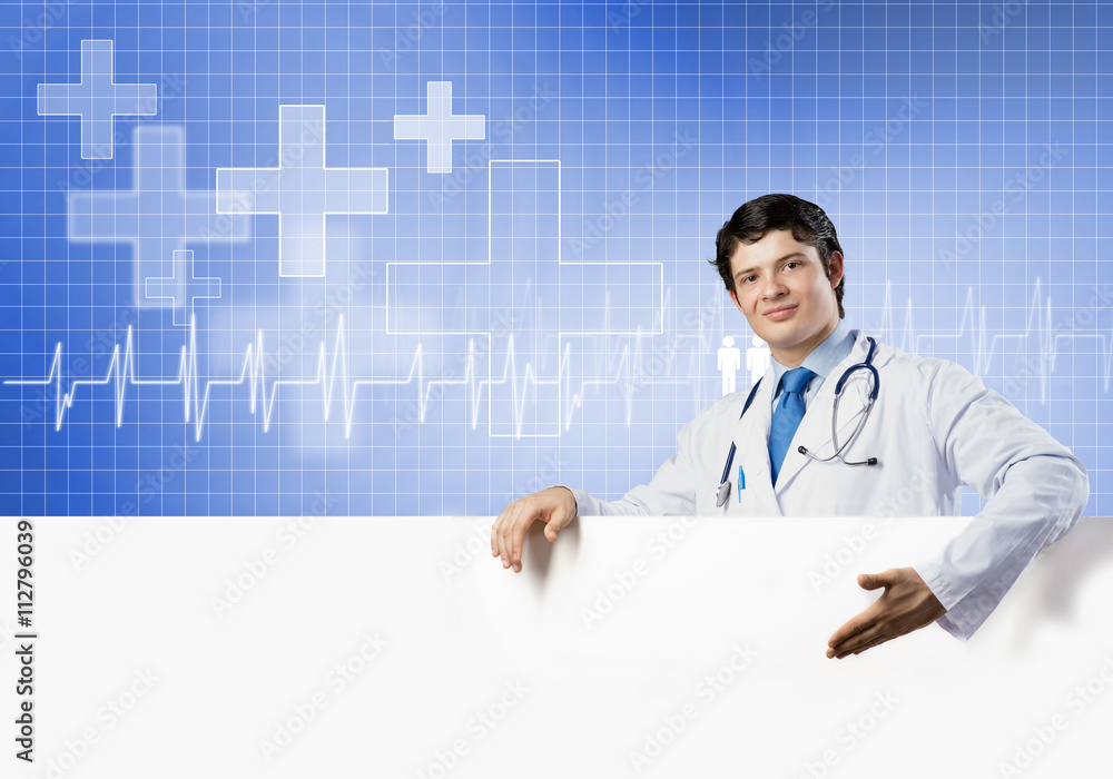 Doctor with banner Doctor with banner