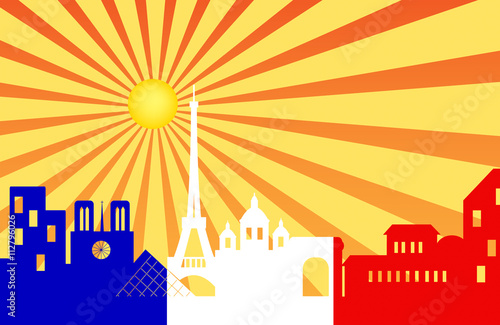 Paris skyline behind sun ray with French flag