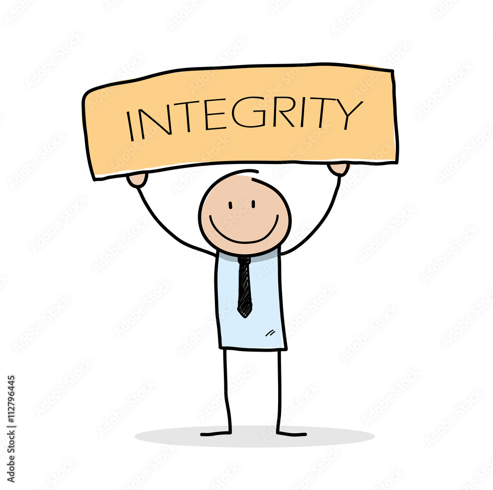 Integrity, a hand drawn vector illustration of a stick figure businessman holding a board with Integrity, a hand drawn vector illustration of a stick figure businessman holding a board with