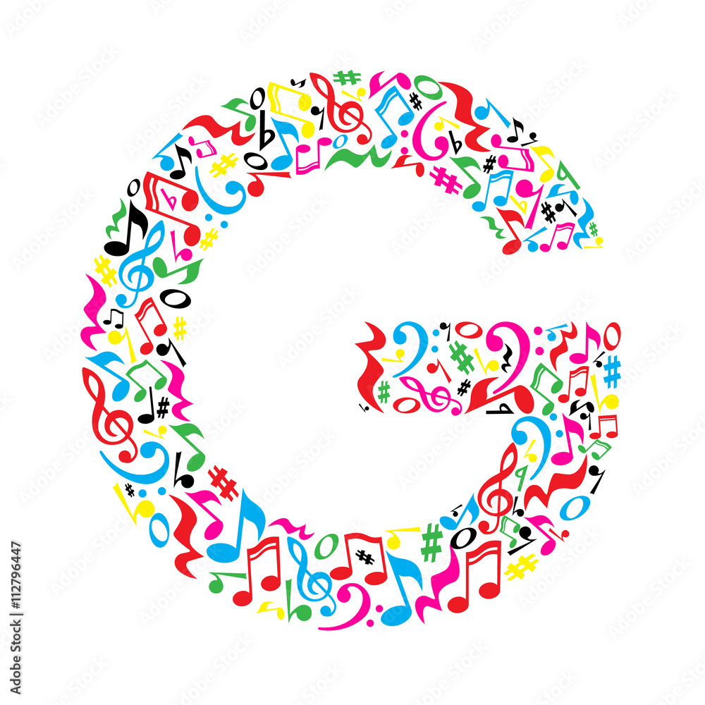 G letter made of colorful musical notes on white background. Alphabet for art school. Trendy font. Graphic decoration.