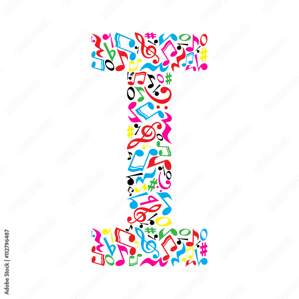 I letter made of colorful musical notes on white background. Alphabet for art school. Trendy font. Graphic decoration.