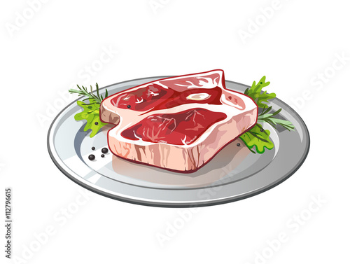 Meat on metallic plate. Isolated food on white background. Pork or beef raw meat. Restaurant meal.